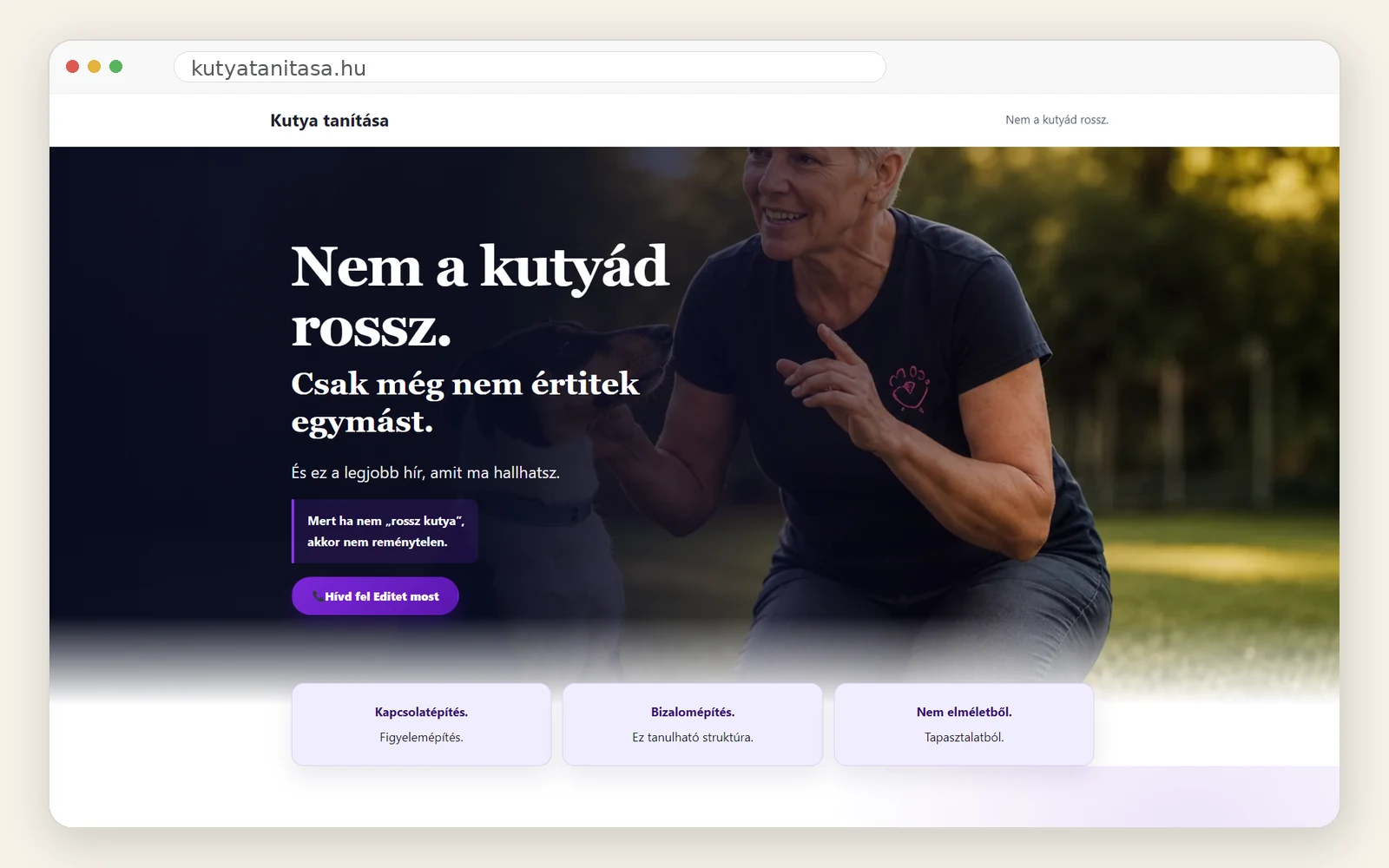 A Kutya tanítása weboldal főoldala