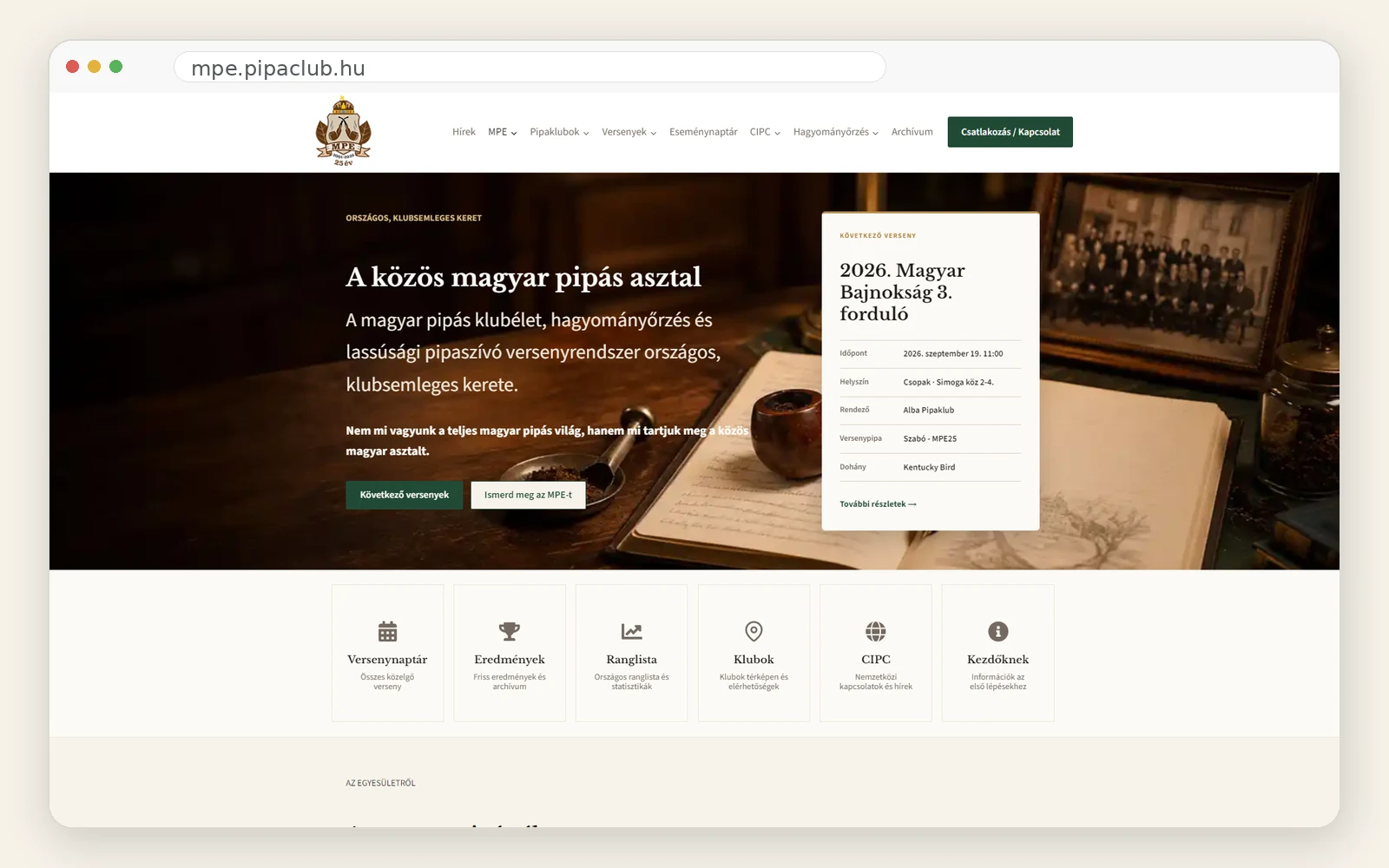 A Magyar Pipaklub Egyesület weboldalának főoldala