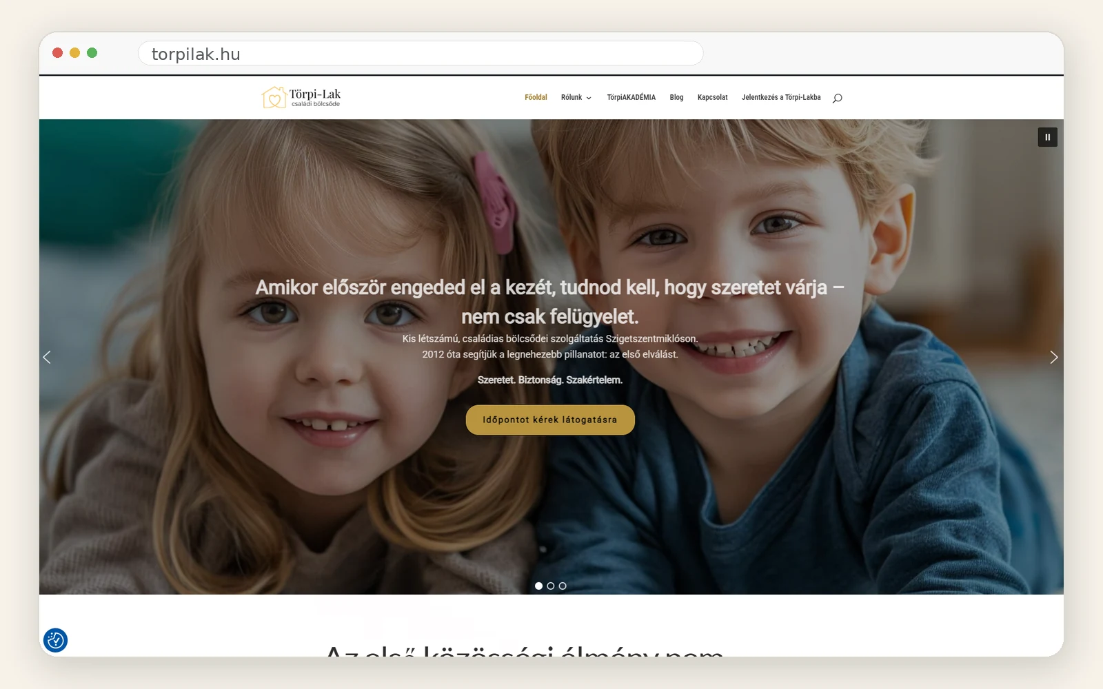 A Törpi-Lak családi bölcsőde weboldalának főoldala